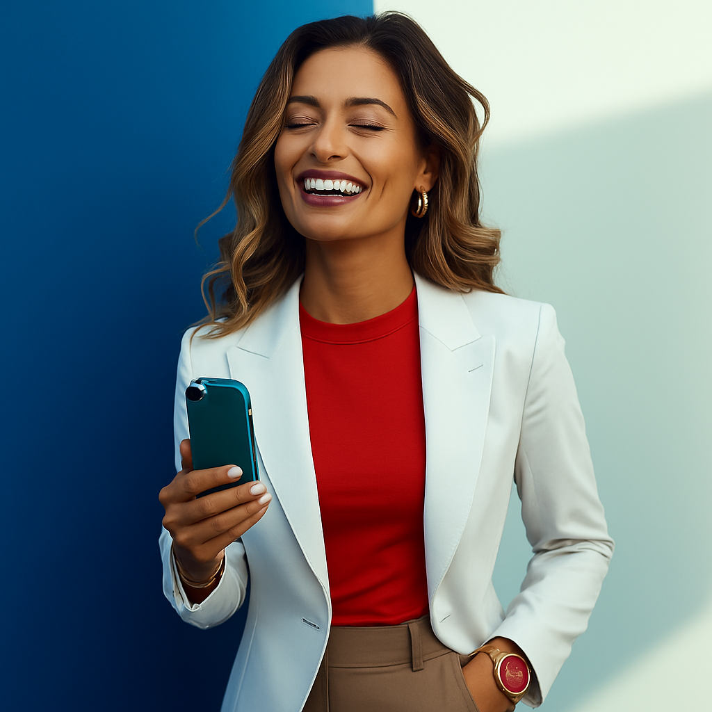 Mulher morena sorridente segurando smartphone, vestindo camiseta vermelha, blazer branco e calça cáqui, com relógio elegante no pulso, em fundo azul e claro