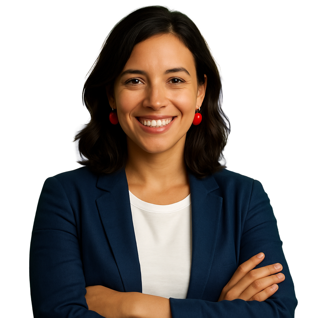 Foto de busto de uma mulher de pele morena clara, cabelos pretos, lisos, na altura dos ombros, vestindo um blazer azul sobre uma camiseta branca. Ela está com os braços cruzados e sorrindo.