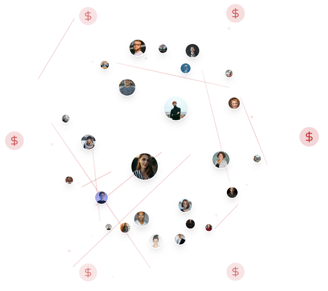 Ilustração mostrando uma rede de corretores de imóveis conectados, representados por fotos de profissionais distribuídas em círculos interligados. Linhas suaves e ícones de cifrão destacam a ideia de colaboração, geração de oportunidades e crescimento imobiliário em um ecossistema integrado.